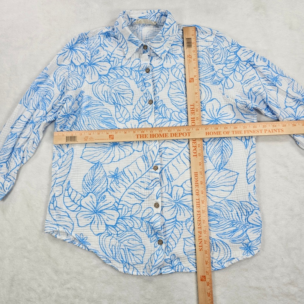 Ocean Drive Womens Blue White Tropical Floral Cotton Gauze Button Down Shirt M - Picture 5 of 6